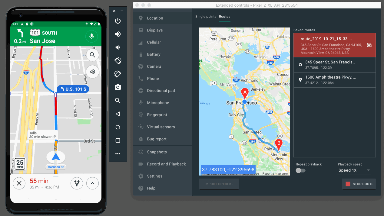 帶有實時定位流的 Android 模擬器定位 UI