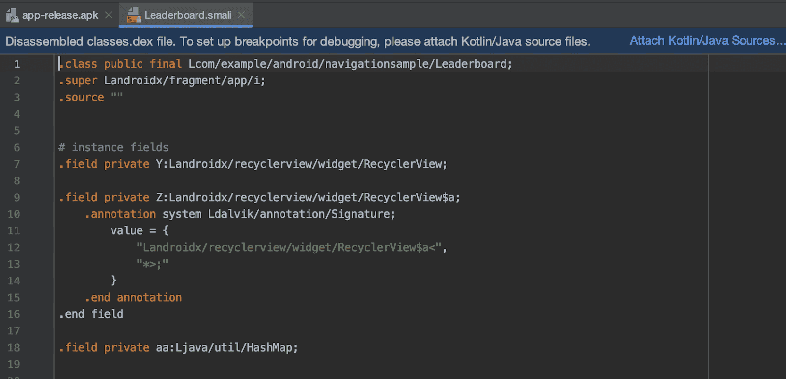 將 Kotlin/Java 源代碼附加到匯入的 APKs