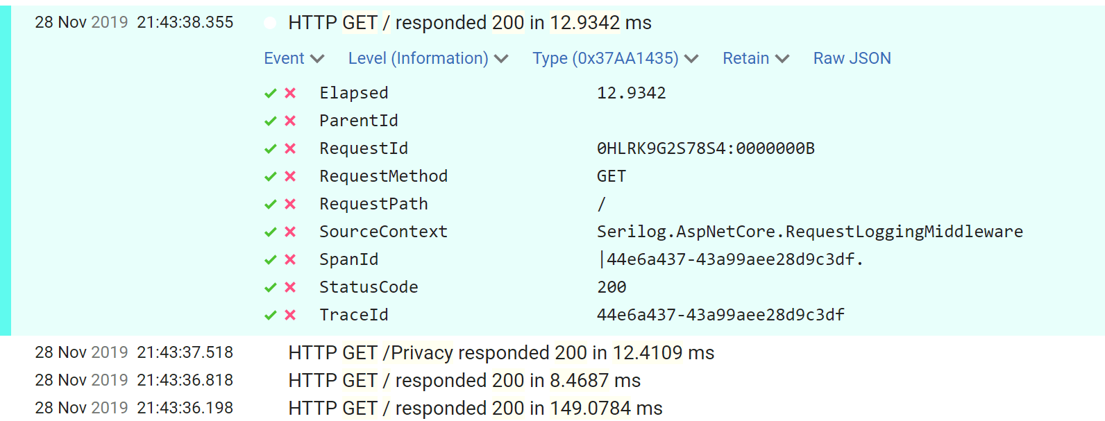 到Seq的RequestLoggingMiddleware日志顯示結構化日志包括其他屬性