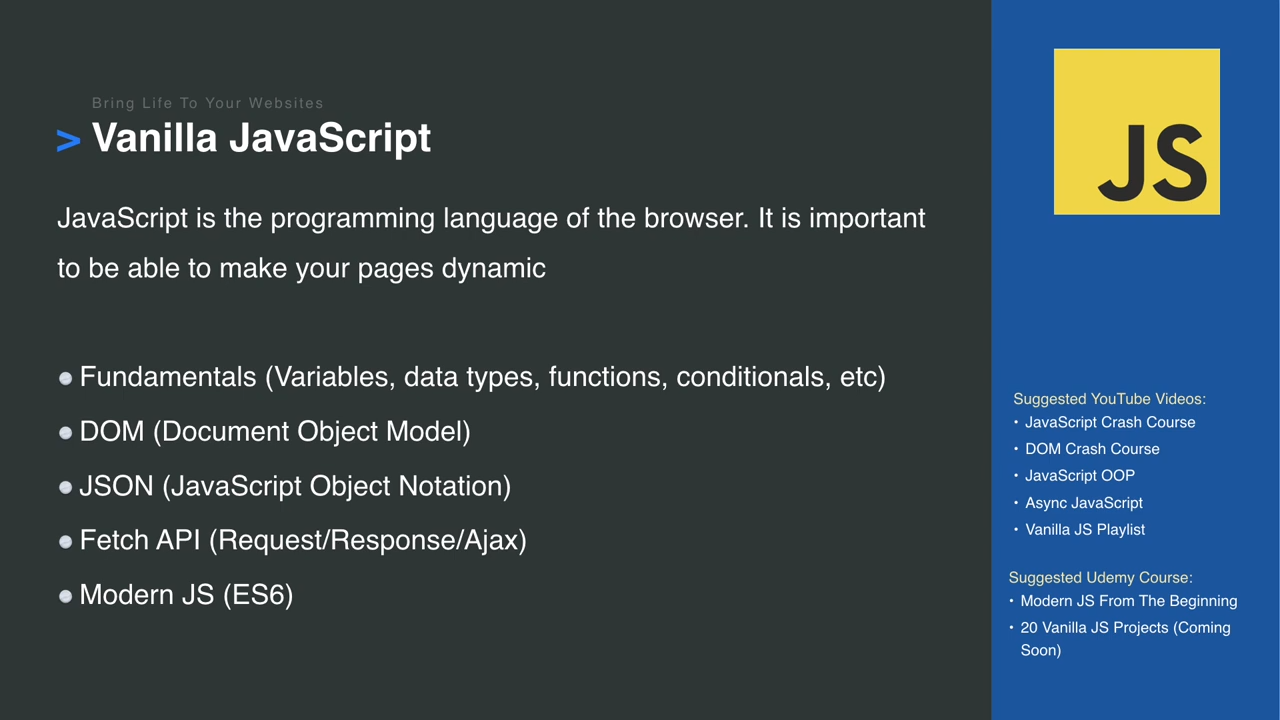 部分內容也包含在免費的codecamp課程中, Some of the fundamentals you should get good with. Brad has videos for most of these topics, and most of this is covered in the freeCodeCamp curriculum as well.