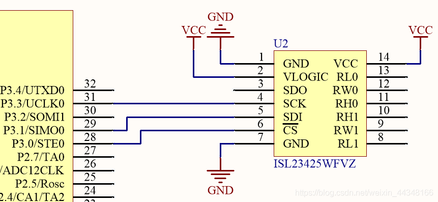 Figure 1 電位器ISL23425WFVZ與MCU連接示意圖