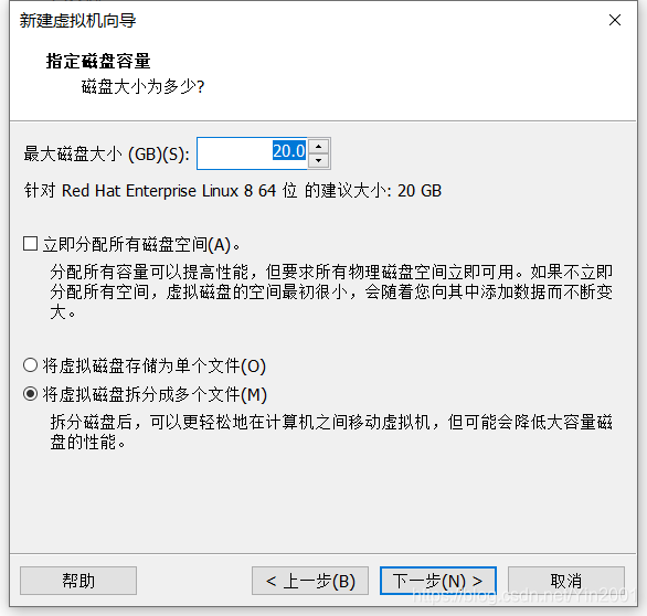如上，最大磁盤大小20即可夠用，下一步