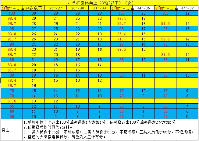 男子單杠補充標準表