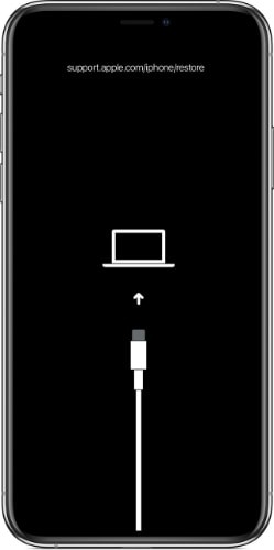 iPhone 顯示了恢復模式螢屏,其中包含 support.apple.com/iphone/restore 鏈接,