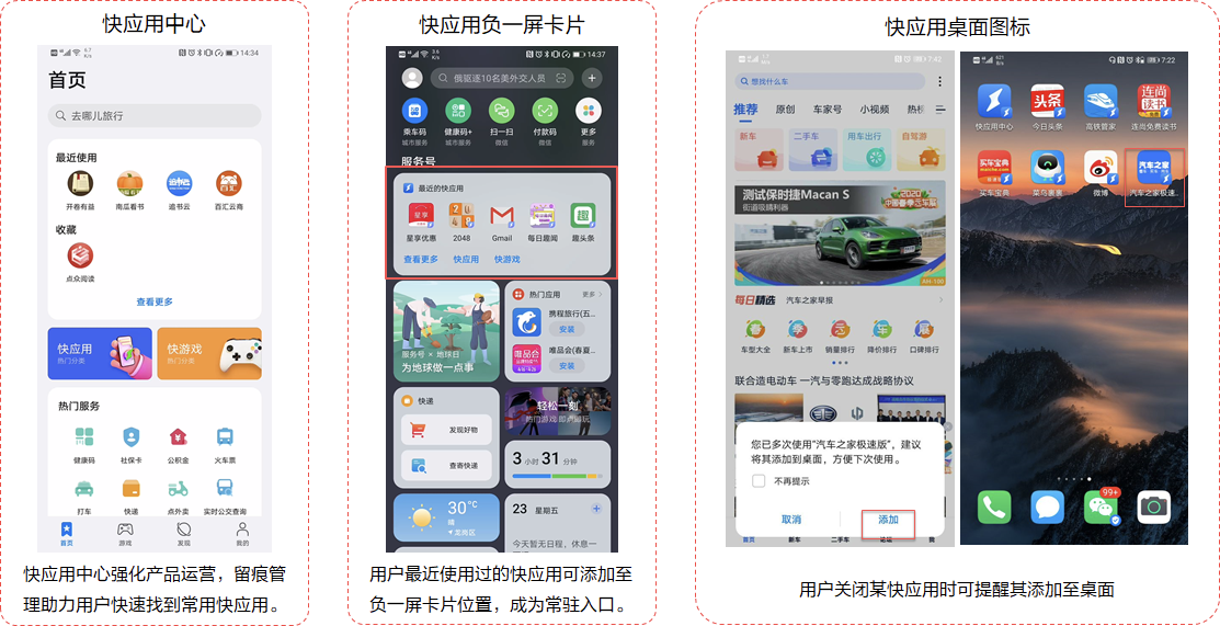 快應用入口—快應用中心、負一屏、桌面圖示