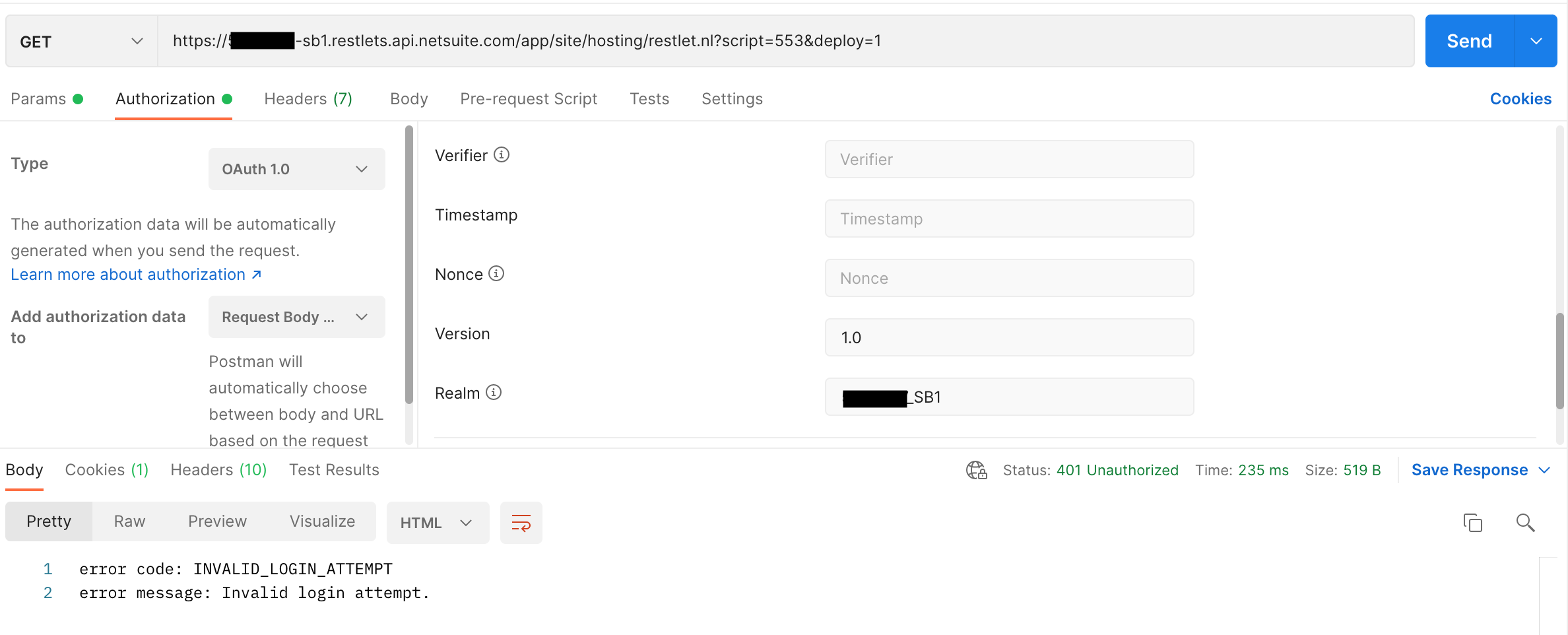 基于令牌的身份驗證 (TBA) - OAuth - Netsuite - 其余網路服務 - 無效的登錄嘗試
