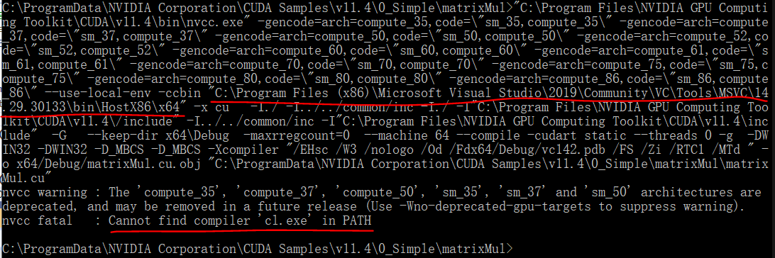命令提示符導致致命錯誤，而 MSVS 2019 成功構建 CUDA 示例