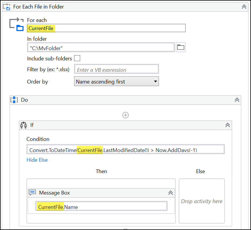 在 UiPath 中，使用 Invoke 代碼活動，我試圖獲取在過去 24 小時內更新或修改過的檔案夾中的檔案