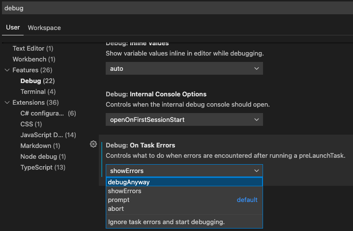 在 Visual Studio Code (!) 中禁用“運行上次成功構建”