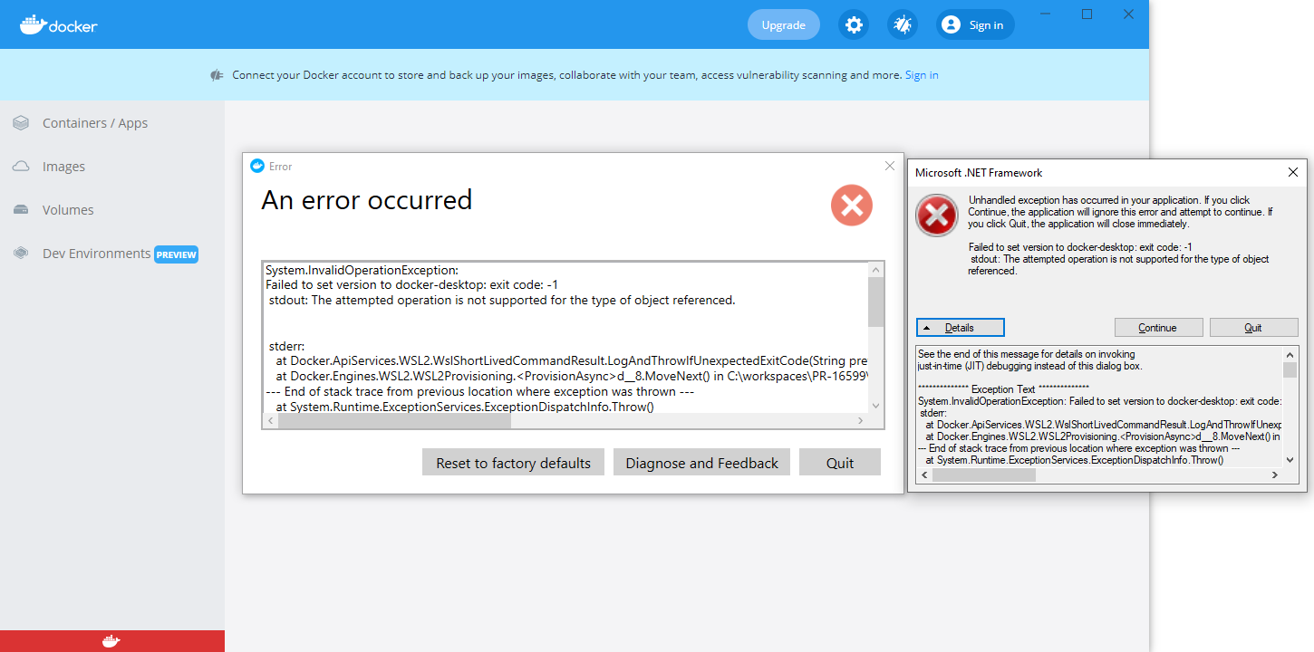 如何在 Windows 10 上啟動時修復 Docker 錯誤 System.InvalidOperationException？