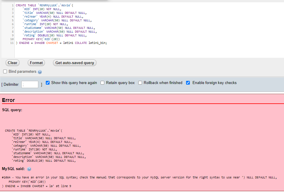 創建帶有 DOUBLE 列的表時的 MySQL 錯誤 #1064