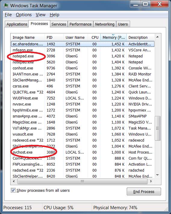 Windows 7 任務管理器：行程串列，標簽 "行程"