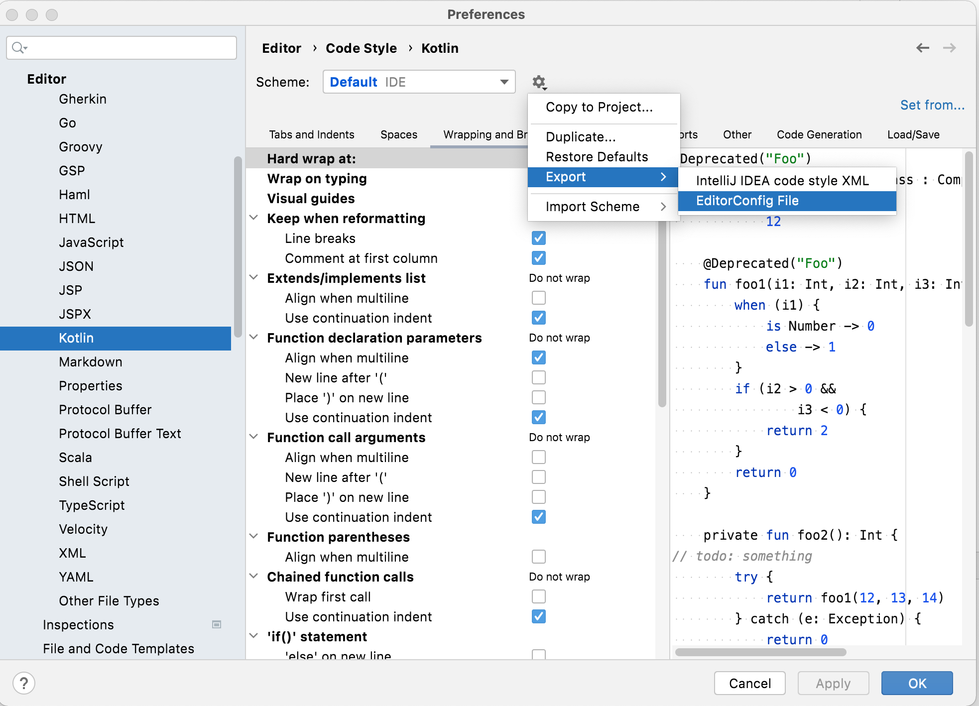 在 .editorconfig 檔案中保留 IntelliJ IDEA“Kotlin | 樣式問題”設定