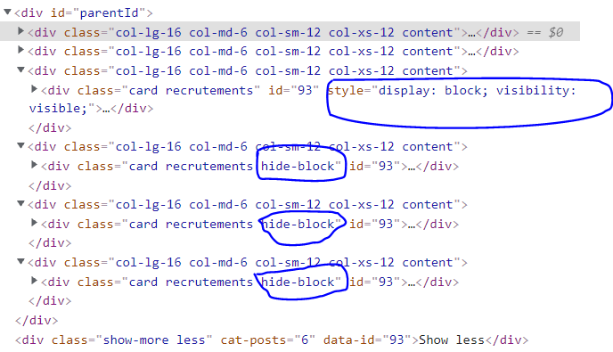如何在單擊按鈕中獲取動態 div 的所有索引顯示更多 jquery