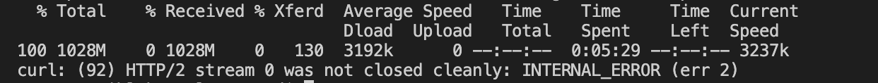 HTTP/2 流 0 未在 1028MB 處完全關閉