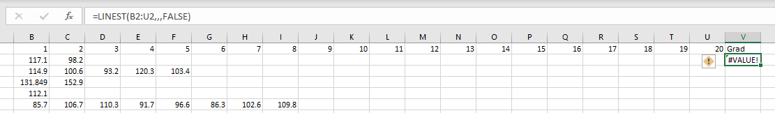 對帶有空白單元格的行執行 Linest 函式 excel
