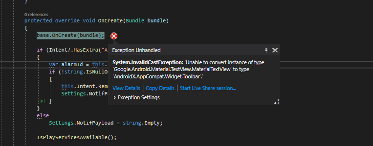 “無法將型別為“Google.Android.Material.TextView.MaterialTextView”的實體轉換為型別“AndroidX.AppCompat.Widget.Toolbar”。