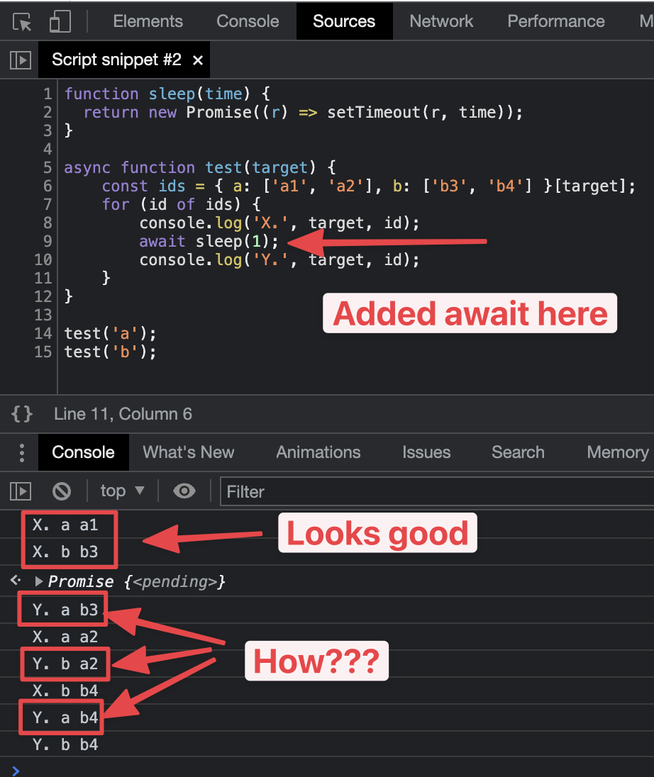 在 async 函式內的 for 回圈中等待給出奇怪的結果