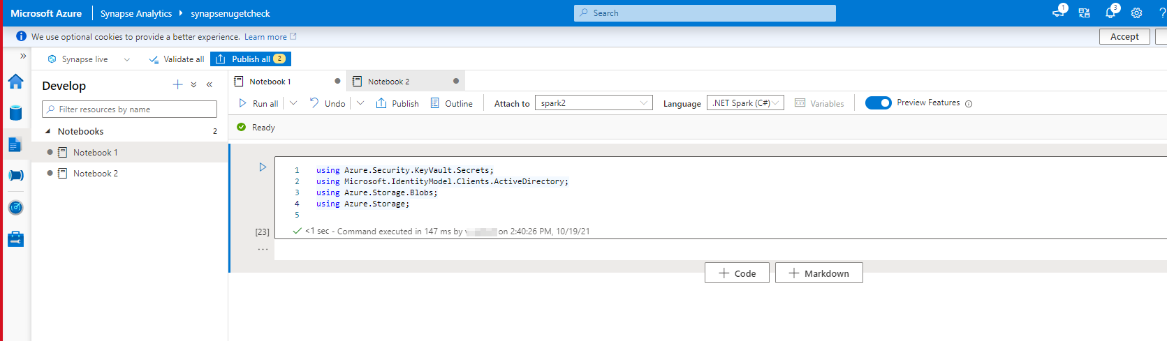 如何在 Azure Synapse C# 筆記本中安裝包?