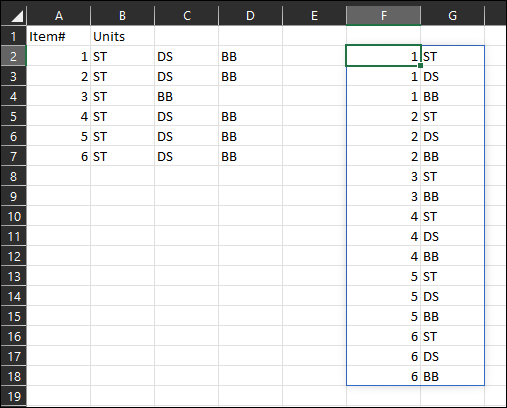 用于基于多列創建新行的 Excel 公式