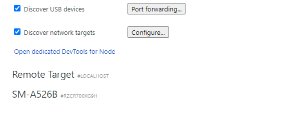 Chrome inspect 設備的視圖。設備被識別，但webview是note://