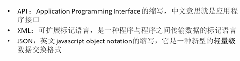 在這里插入圖片描 有了API就可以更好的呼叫和使用，XML為什么會被丟棄，因為XML檔案格式比較龐大，而且不容易決議，不同瀏覽器之間決議XML又不一樣，而且現在微博，等web端的應用，XML越來越跟不上時代的發展，所以現在開始用輕量級的JSON述