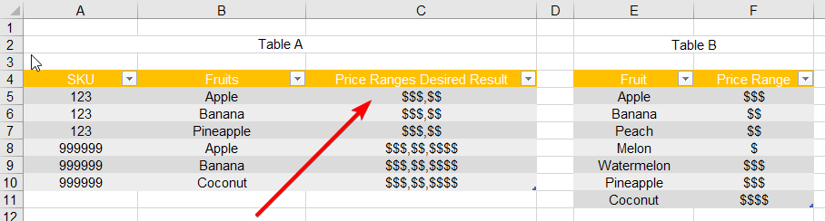 SKU 的另一個表唯一值的 INDEX MATCH 的 TEXTJOIN