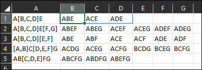 Excel 將字母串列拆分為單元格以生成所有組合