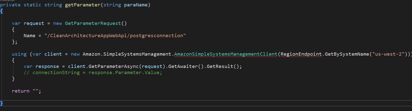 使用 AmazonSimpleSystemsManagementClient 從引數存盤中讀取值