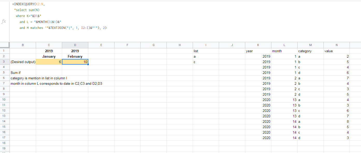 如果月份等于指定日期月份并且變數包含在串列/范圍中，則求和