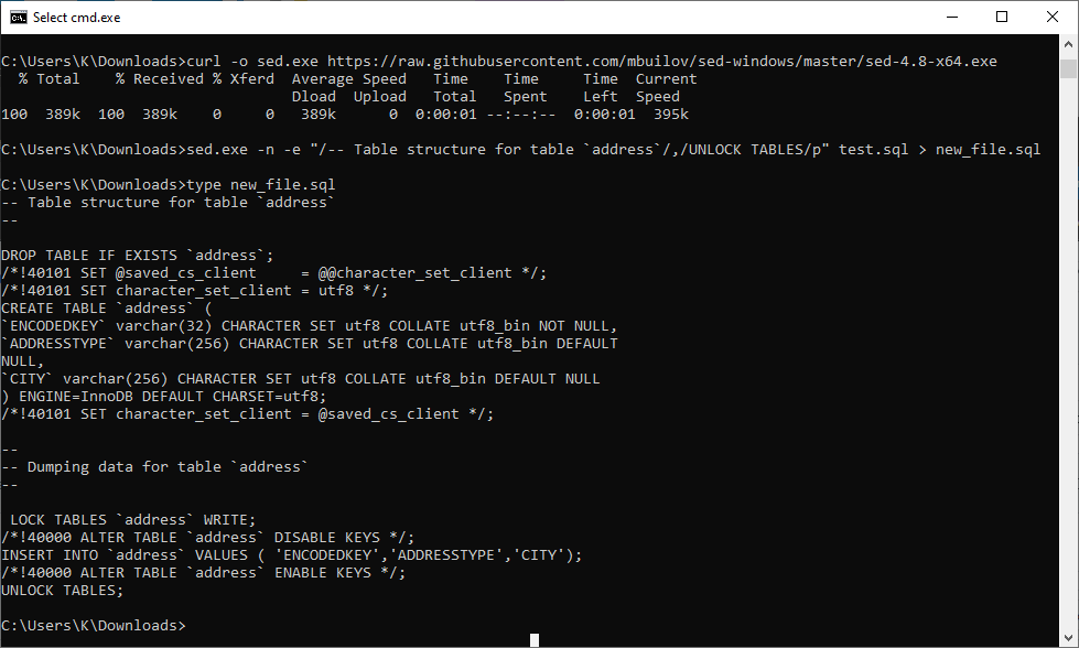 windows cmd 在 .sql 檔案中的兩點之間復制文本并寫入另一個 .sql 檔案