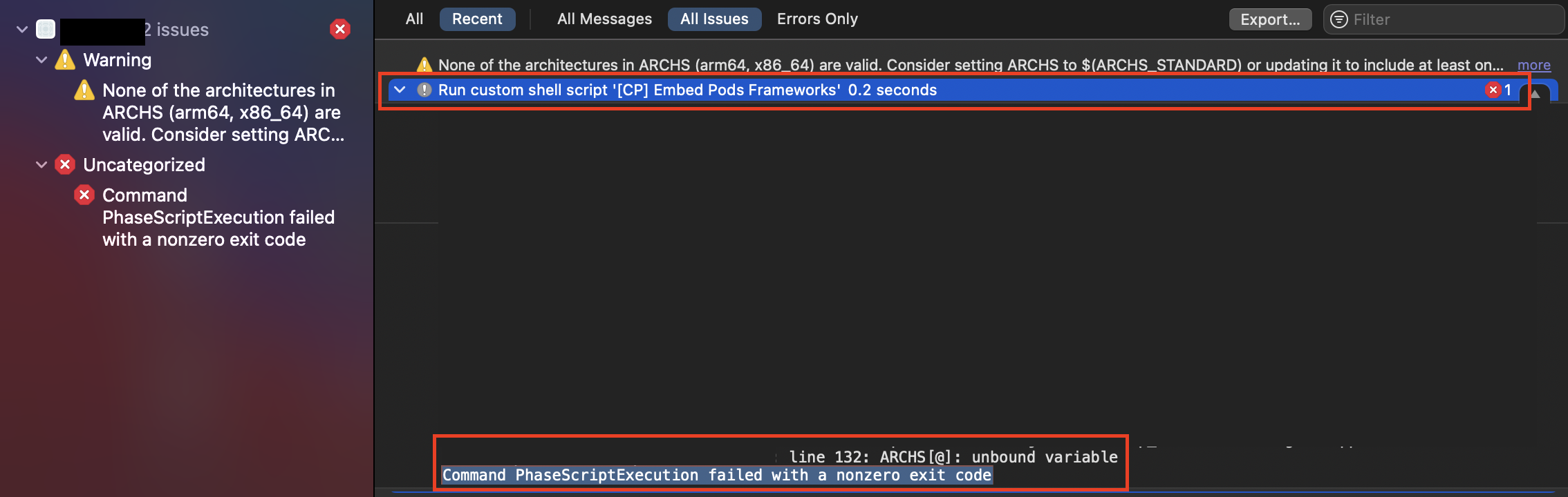 命令 PhaseScriptExecution 因非零退出代碼失敗 - 使用 CocoaPods