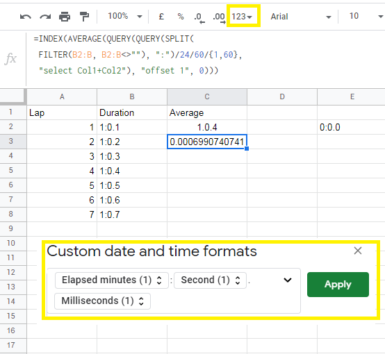 Google 表格對一系列格式為 MM:SS[.\d ] 的持續時間進行平均