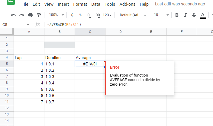 Google 表格對一系列格式為 MM:SS[.\d ] 的持續時間進行平均