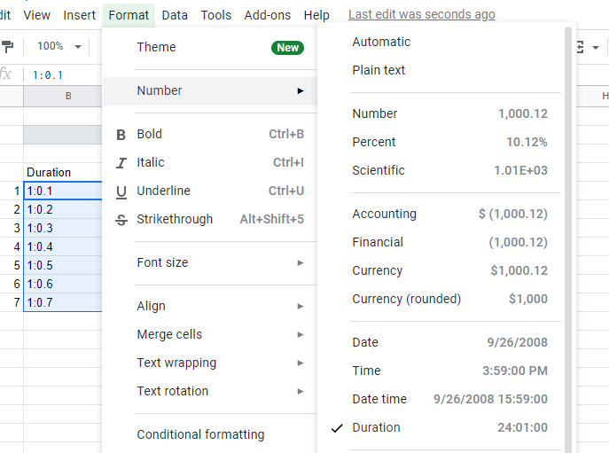 Google 表格對一系列格式為 MM:SS[.\d ] 的持續時間進行平均