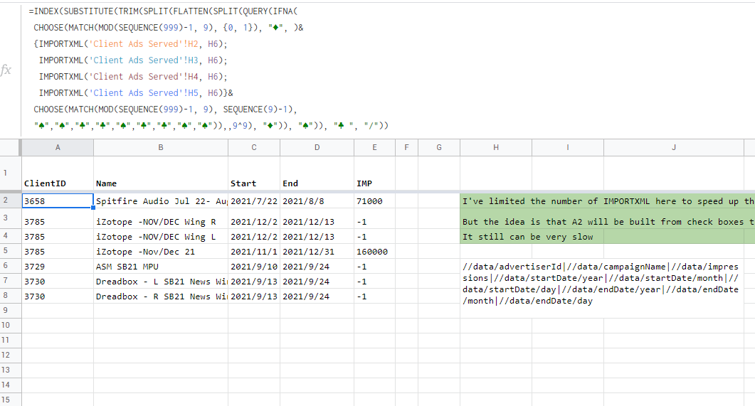 Google Sheets - 使用多個 IMPORTXML 請求構建動態陣列