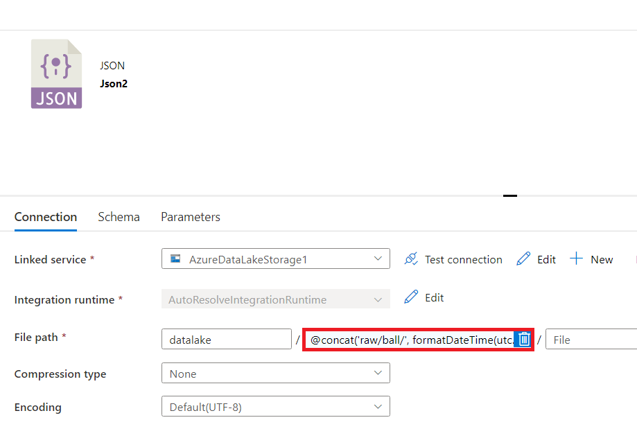用于創建新檔案夾的 Azure 資料工廠 utcNow() 動態函式