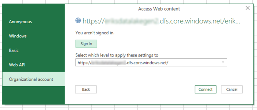 使用 OAuth 將 excel 連接到 azure datalake gen 2