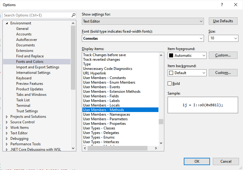 如何在 Visual Studio 2022 C# 編輯器中取消加粗靜態方法？