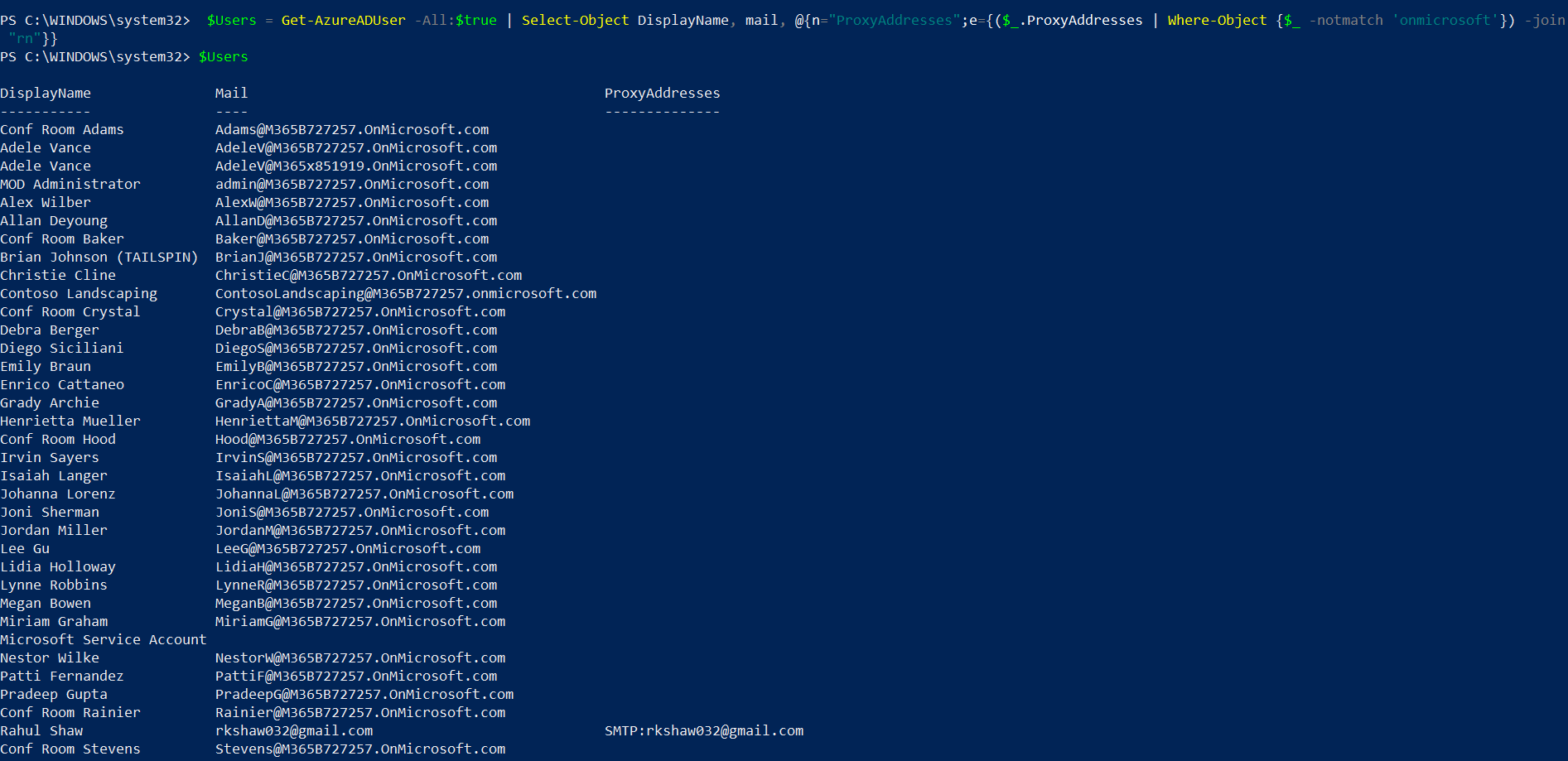 從 ProxyAdresses 中過濾掉“.onmicrosoft.com”地址 - Get-AzureADUser