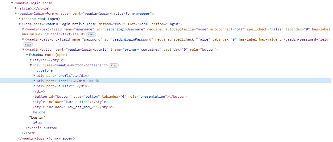 用于 shadow-root 的 Vaadin14 登錄表單 css 選擇器