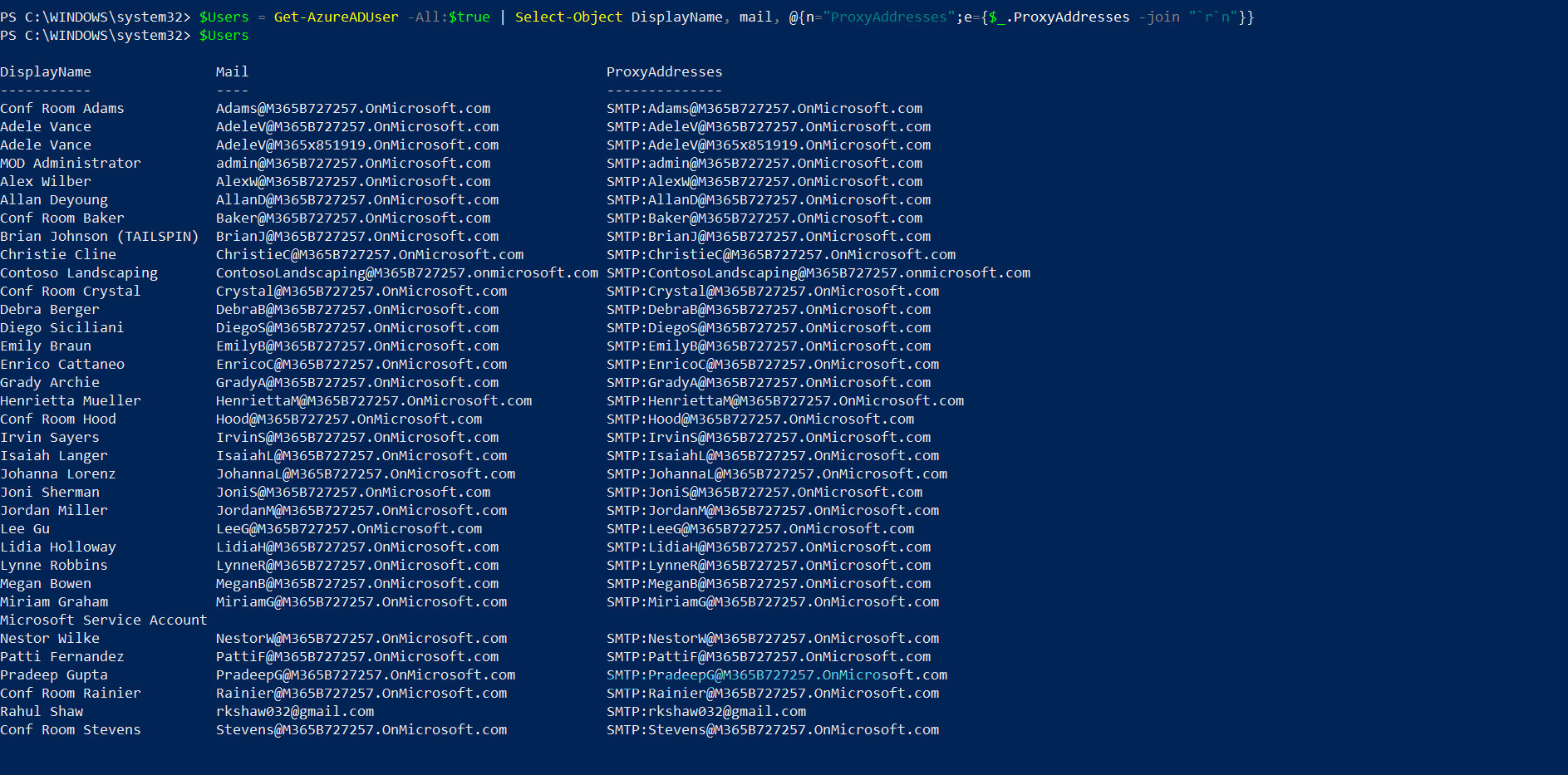 從 ProxyAdresses 中過濾掉“.onmicrosoft.com”地址 - Get-AzureADUser