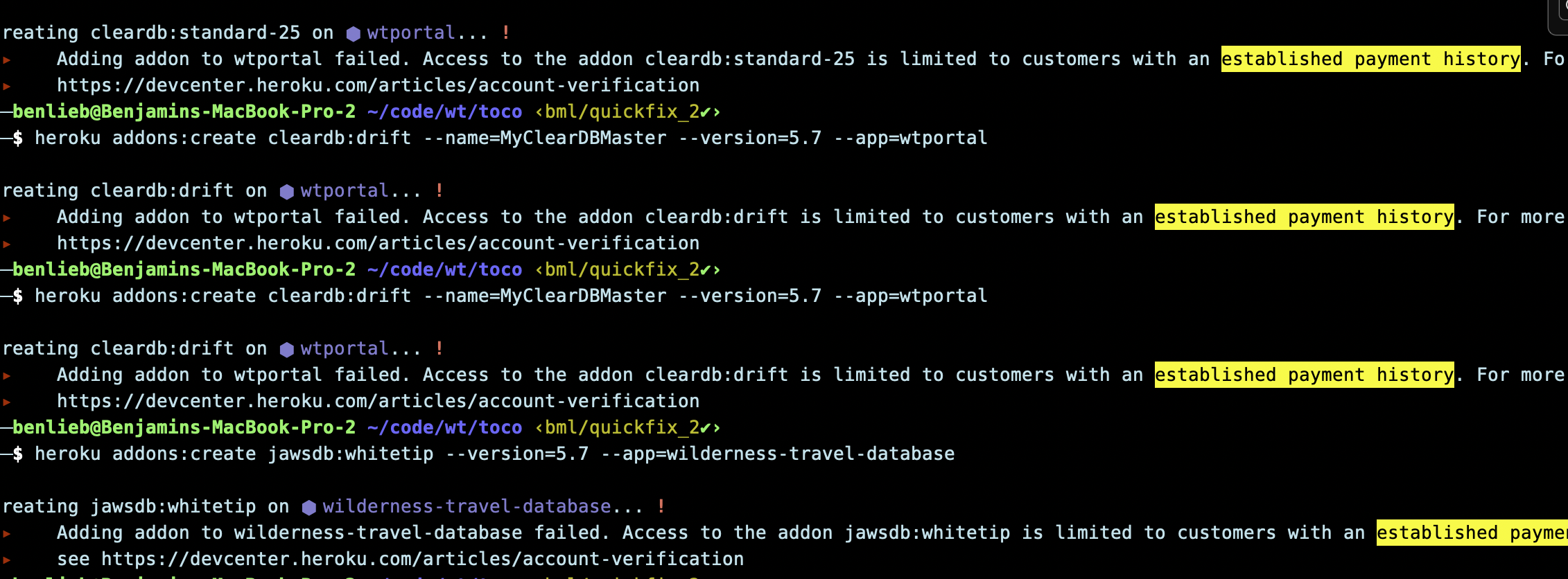 由于缺乏“建立付款歷史”，我無法設定 Heroku ClearDB？