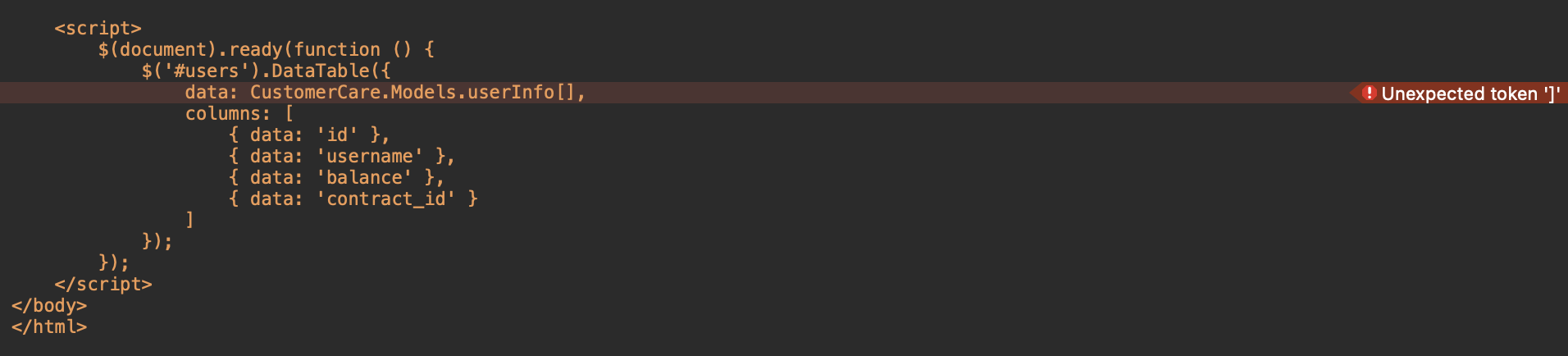 ASP.NET Core C# Jquery 資料表錯誤：意外的令牌