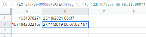 谷歌表格中的 Unix 時間戳到日期和小時