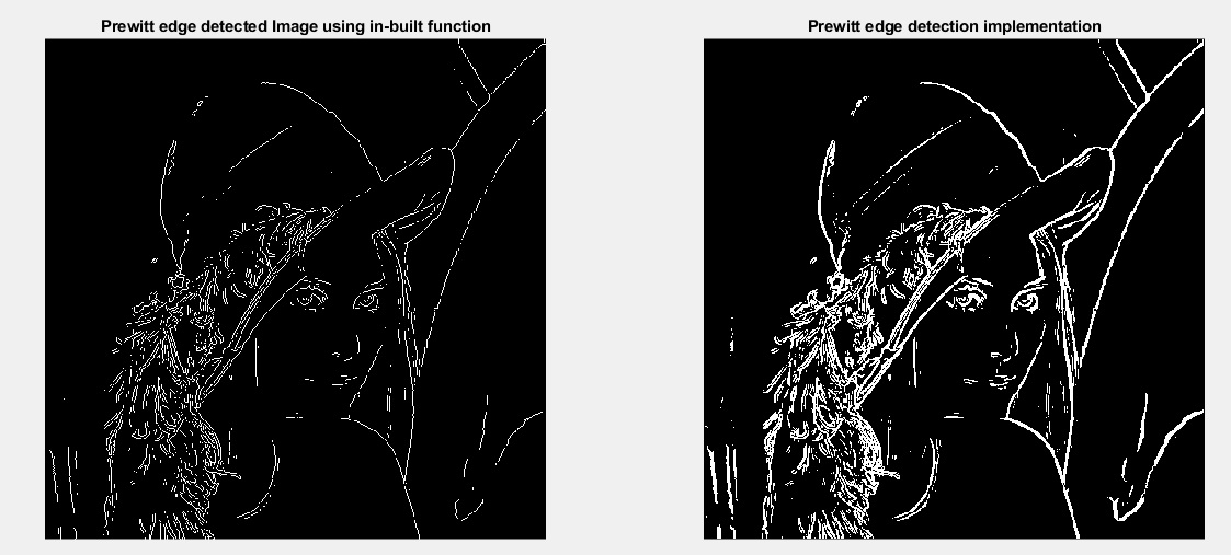 用 Matlab 實作的 Prewitt 邊緣檢測器給出的邊緣比內置函式厚