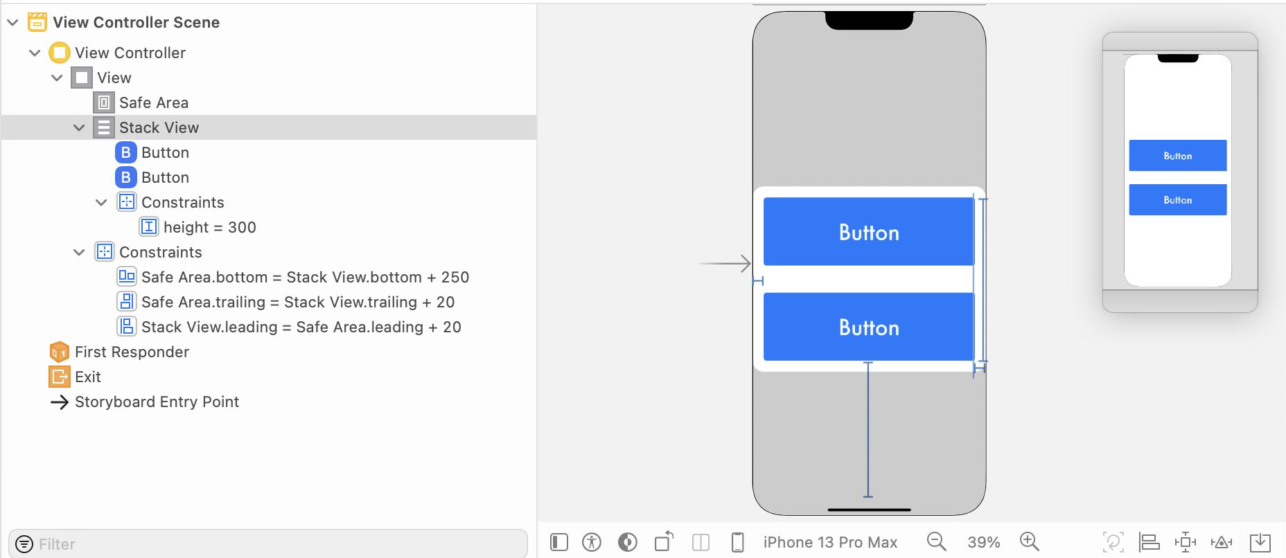 Xcode 中對 StackView 的約束，以便按鈕始終垂直保持在視圖的中心？