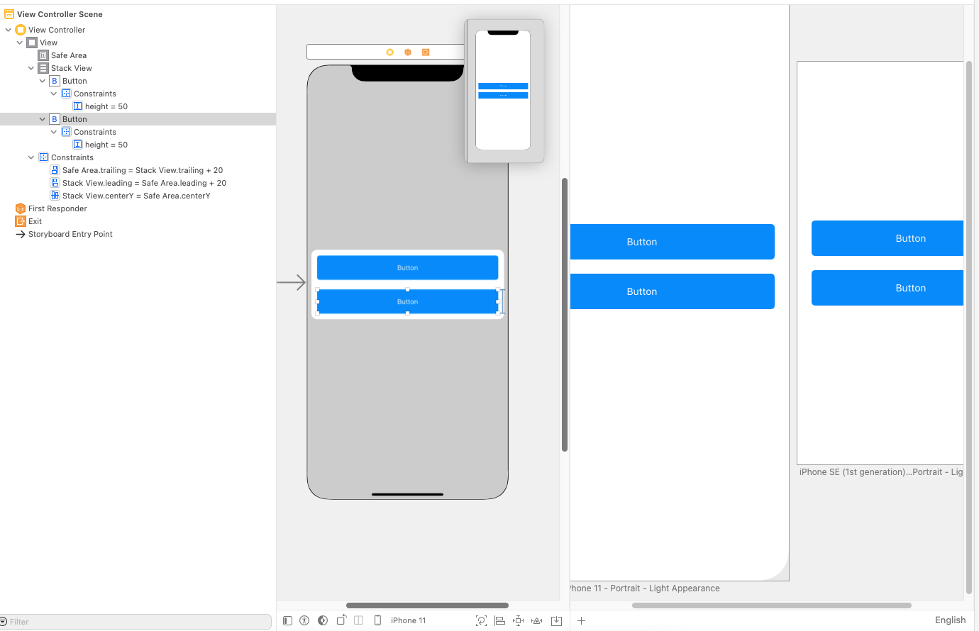 Xcode 中對 StackView 的約束，以便按鈕始終垂直保持在視圖的中心？