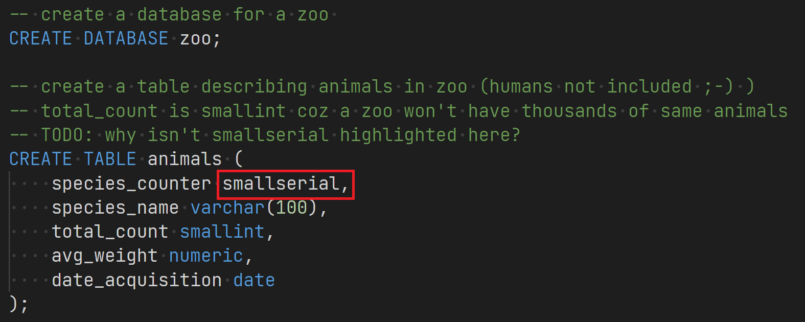 Postgres 中的資料型別“smallserial”未在 Visual Studio Code 中突出顯示