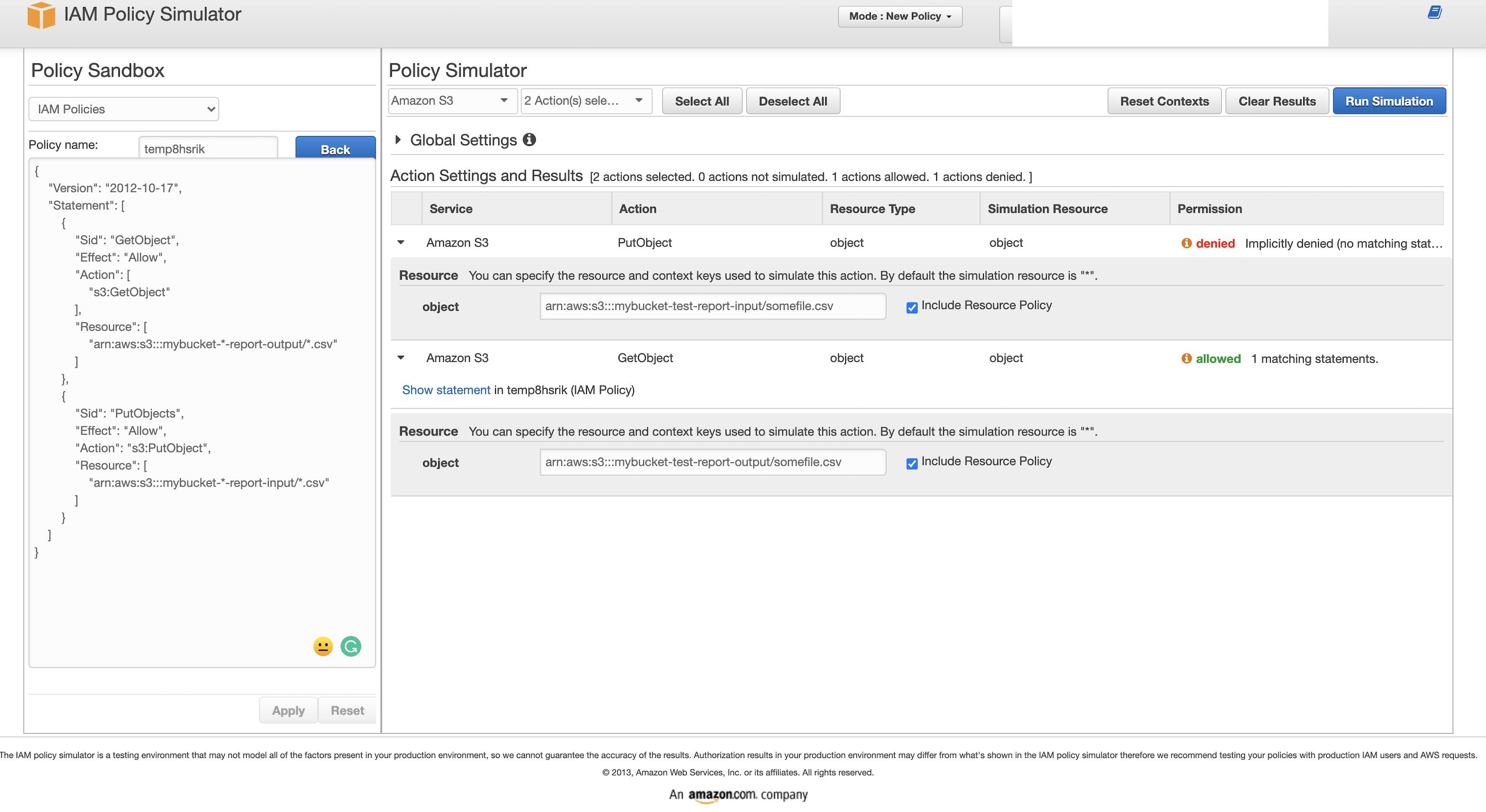 當我在 AWS Policy Simulator 中明確允許 S3 IAM 用戶操作時“隱式拒絕”